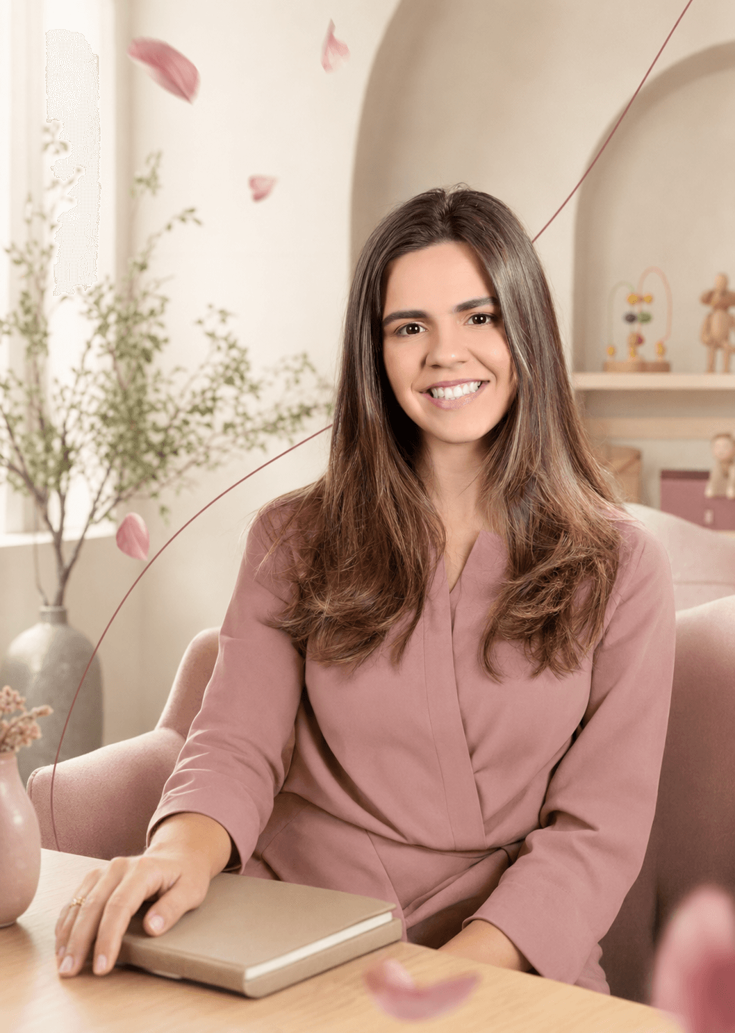 Gabrielle Ramalho num consultório acolhedor em tons rosé